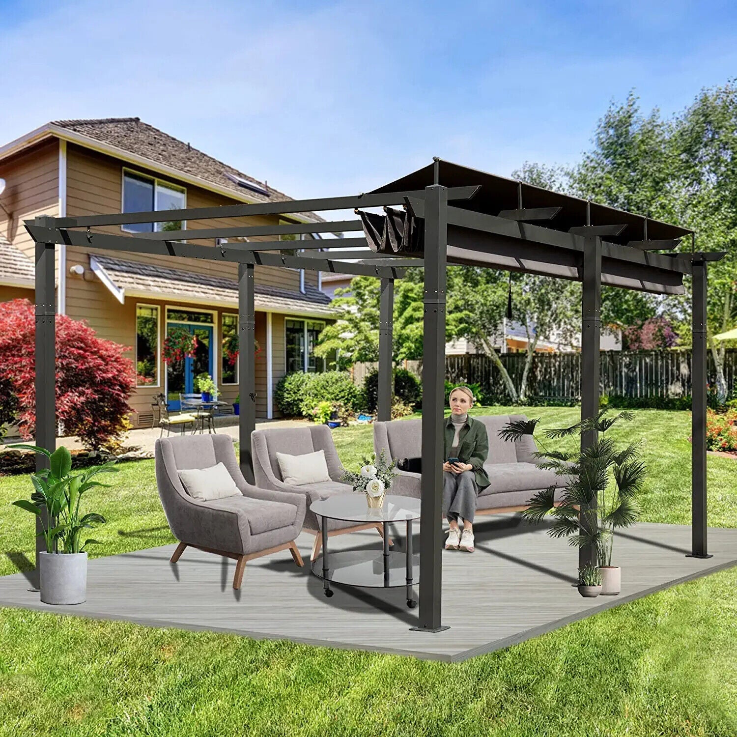 [11X16FT] Outdoor Retractable Backyard Aluminum Metal Pergola Gazebo With Roof (SAK16804)