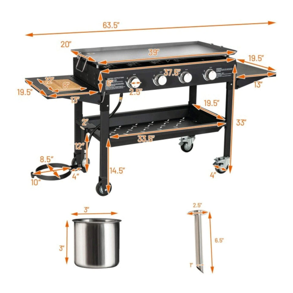 Portable Outdoor 4 Burner Propane Flat Top Gas Grill W/ Wheels, 60K BTU