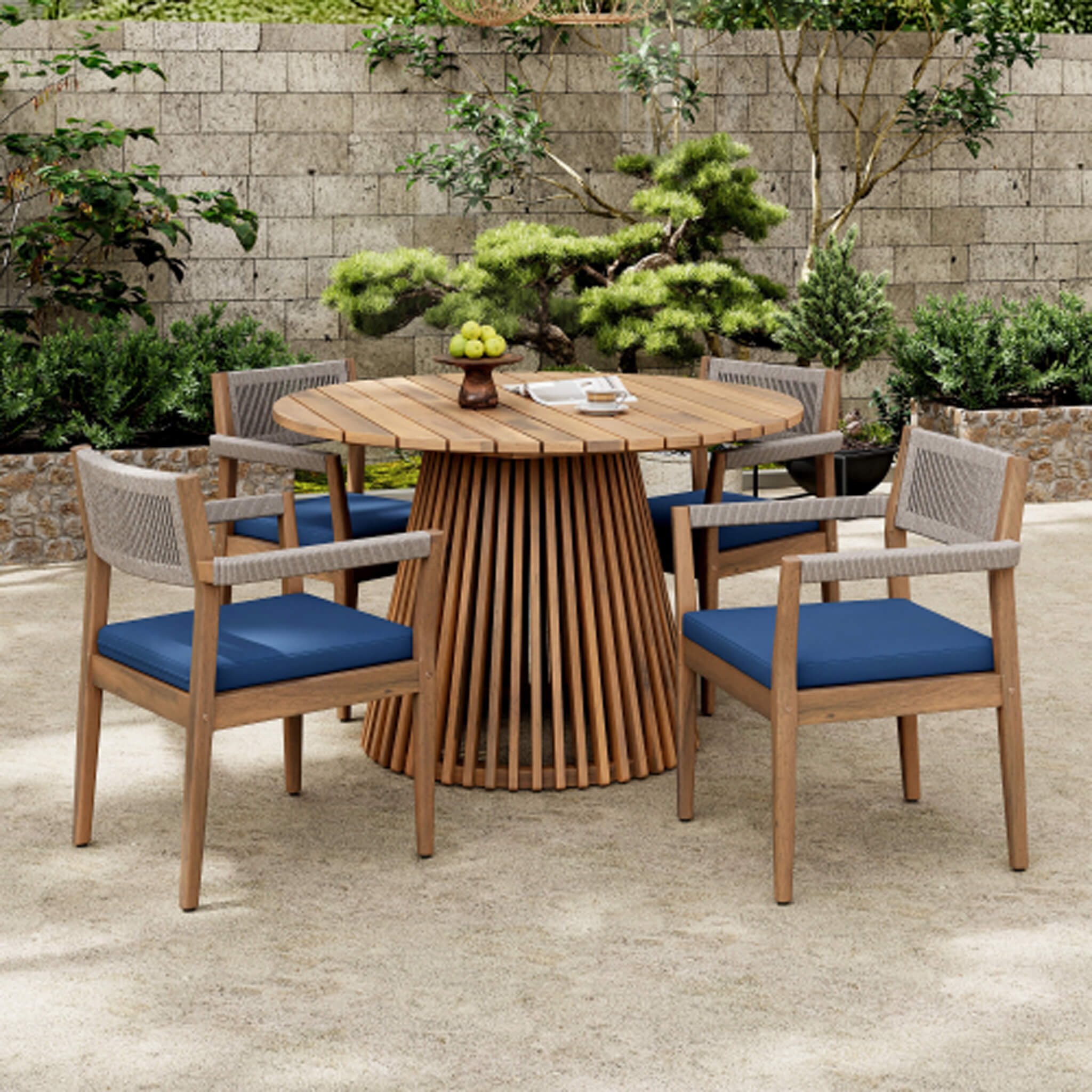 Alora Premium 5-Piece Outdoor Acacia Wood Patio Furniture Set With Braided Dining Chairs, Cushions, And Dining Table
