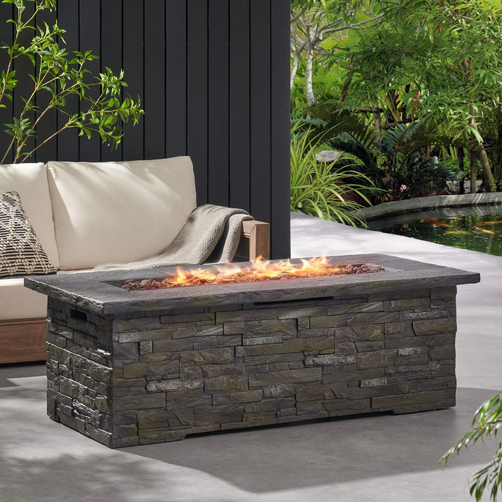 Alora Premium 56" Outdoor Rectangular Concrete Propane Fire Pit W/ Faux Stone Pattern