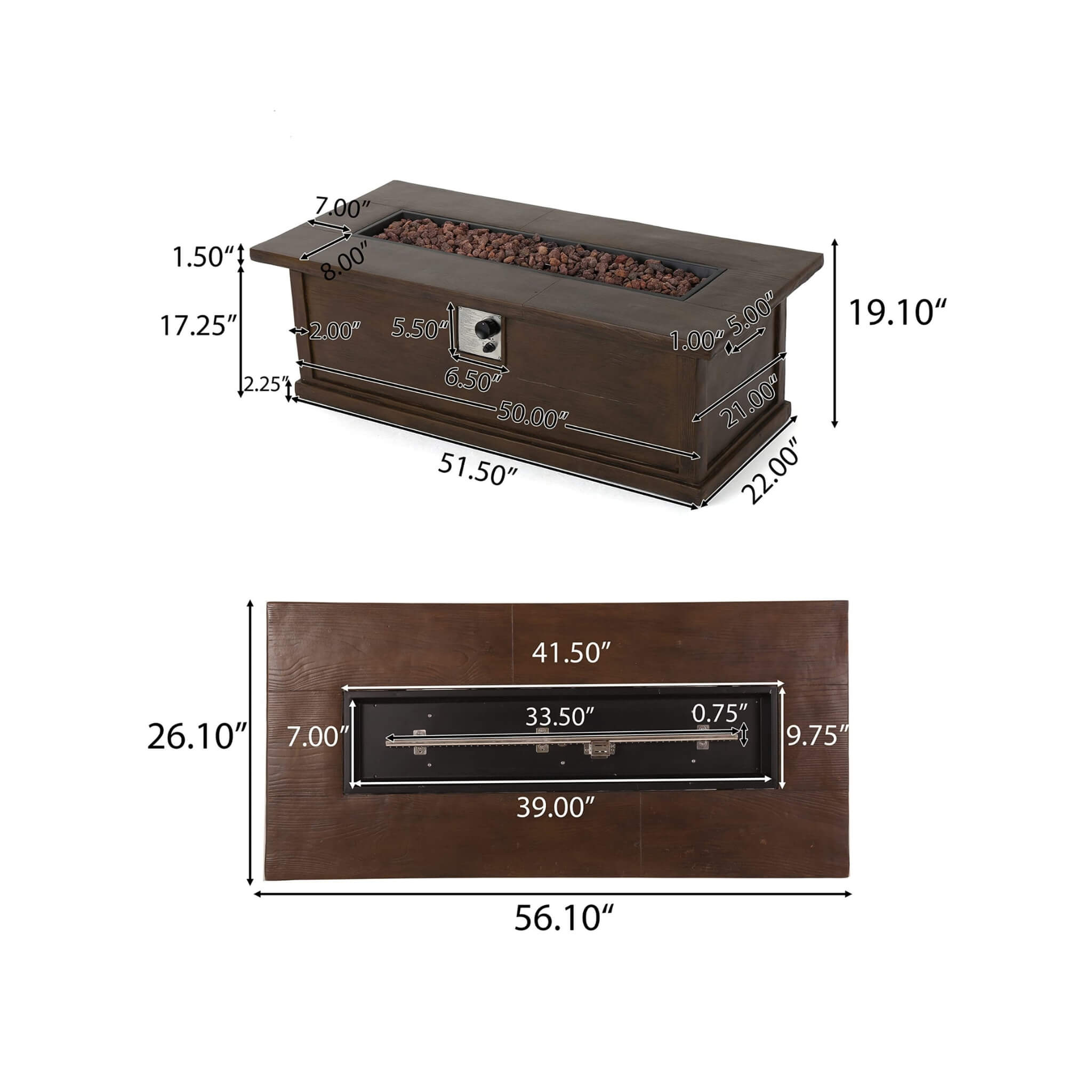 Alora Premium 56" Transitional Rectangular Outdoor Propane Gas Fire Pit Table, 50K BTU