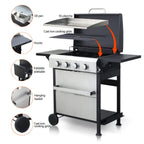 Premium Outdoor 4-Burner Propane BBQ Grill With Foldable Side Tables, Hanging Basket, And Cooking Grids