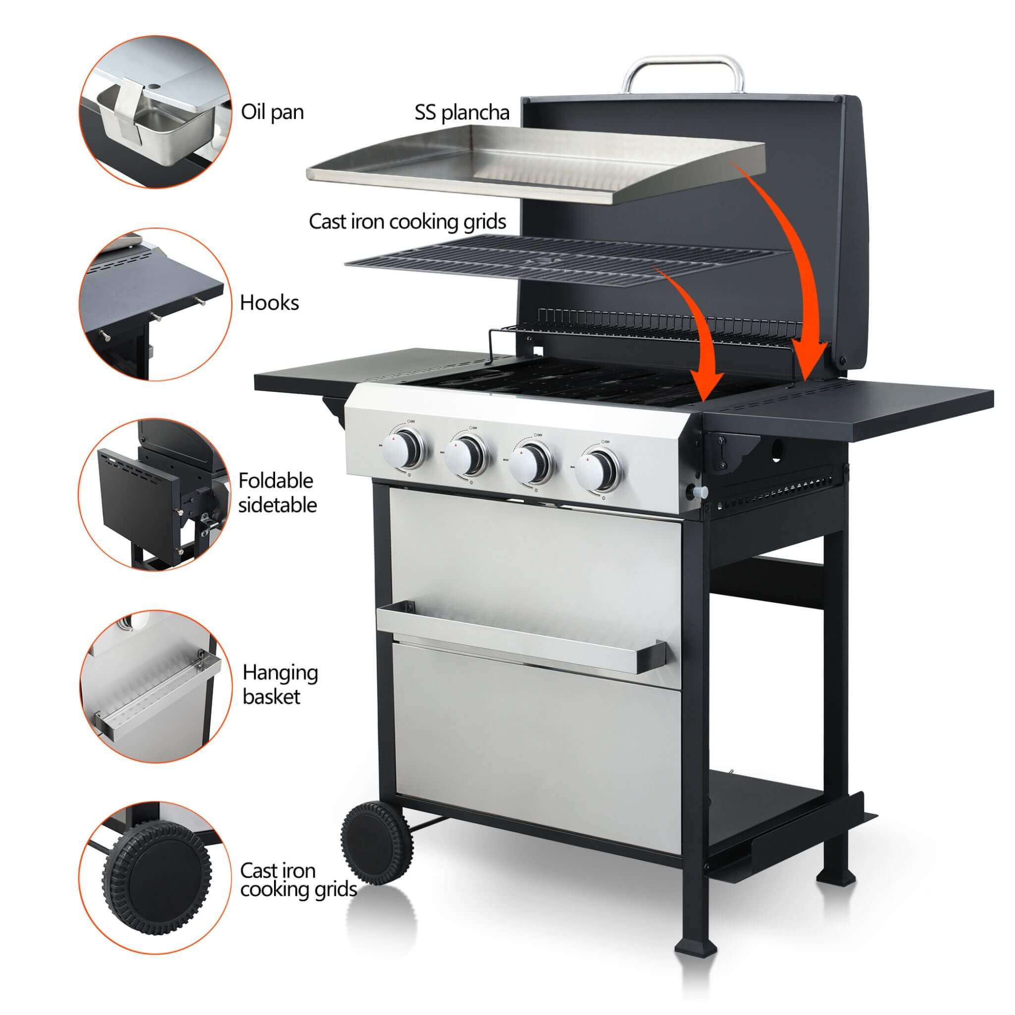 Premium Outdoor 4-Burner Propane BBQ Grill With Foldable Side Tables, Hanging Basket, And Cooking Grids