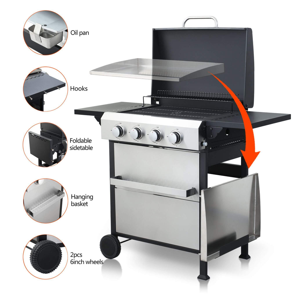Premium Outdoor 4-Burner Propane BBQ Grill With Foldable Side Tables, Hanging Basket, And Cooking Grids