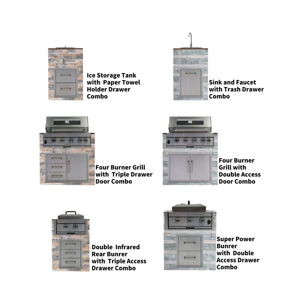 Premium Outdoor Kitchen With 32-Inch 60K BTU Built-In Stainless Steel LPG Gas Grill, Door and Drawer Combo and Stainless-Steel Ice Box
