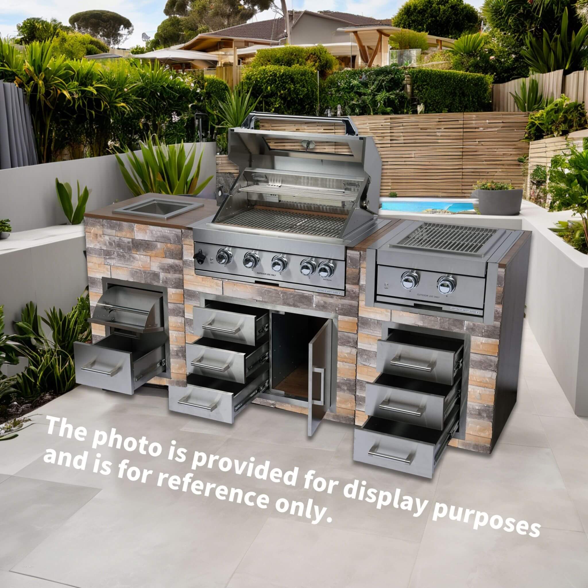 Premium Outdoor Kitchen With 32-Inch 60K BTU Built-In Stainless Steel LPG Gas Grill, Door and Drawer Combo and Stainless-Steel Ice Box