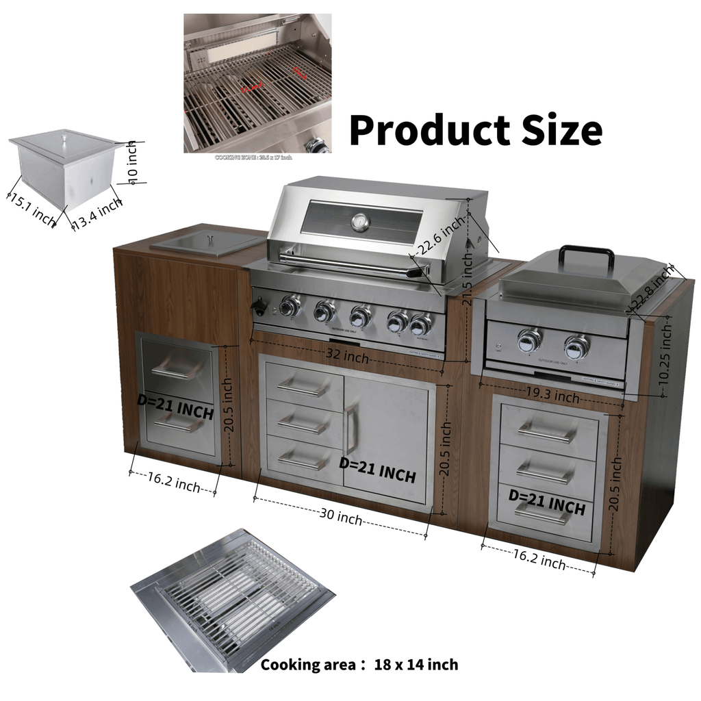 Premium Outdoor Kitchen With 32-Inch 60K BTU Built-In Stainless Steel LPG Gas Grill, Door and Drawer Combo and Stainless-Steel Ice Box