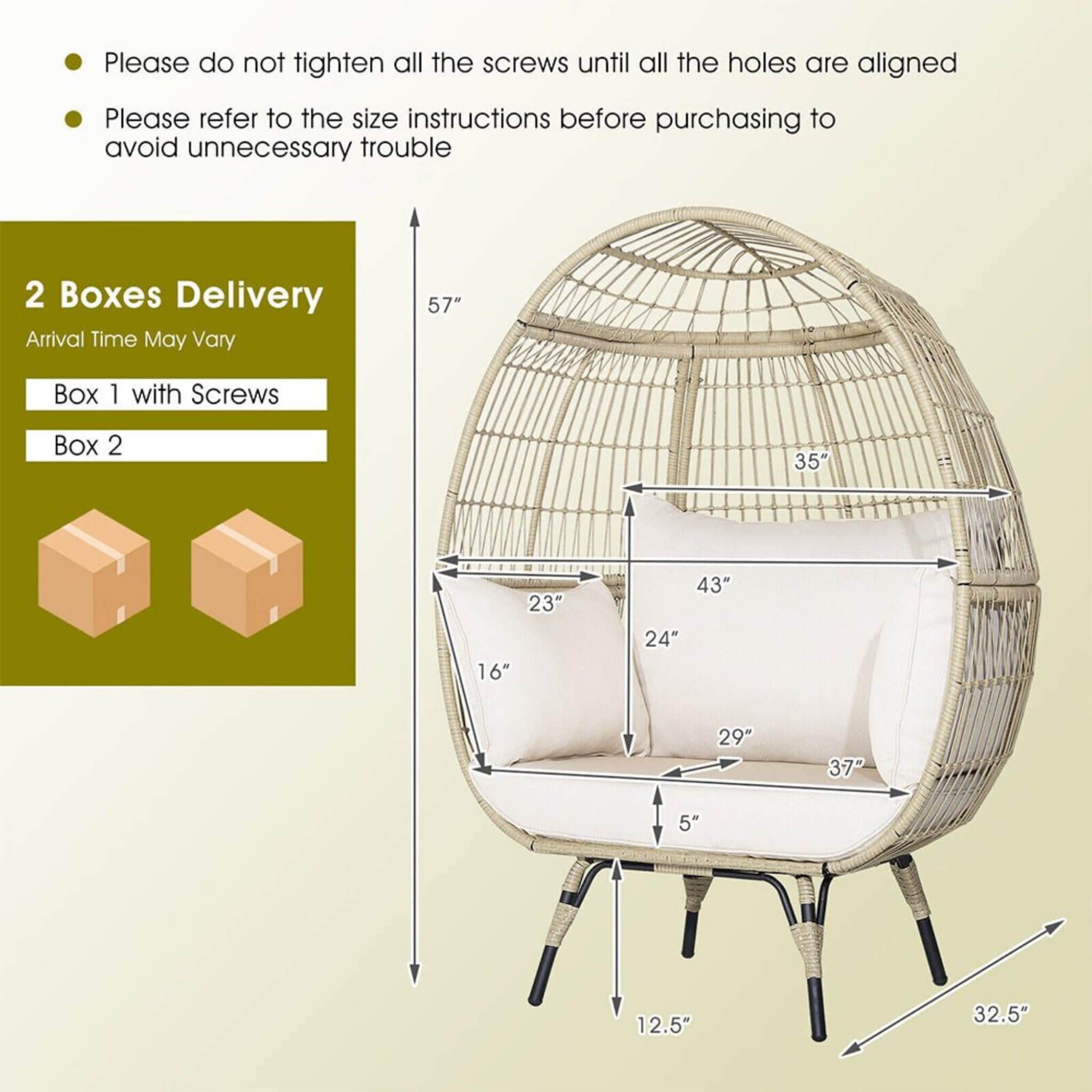 Alora Premium 57-Inch Oversized Rattan Patio Egg Lounge Chair Basket With Cushions