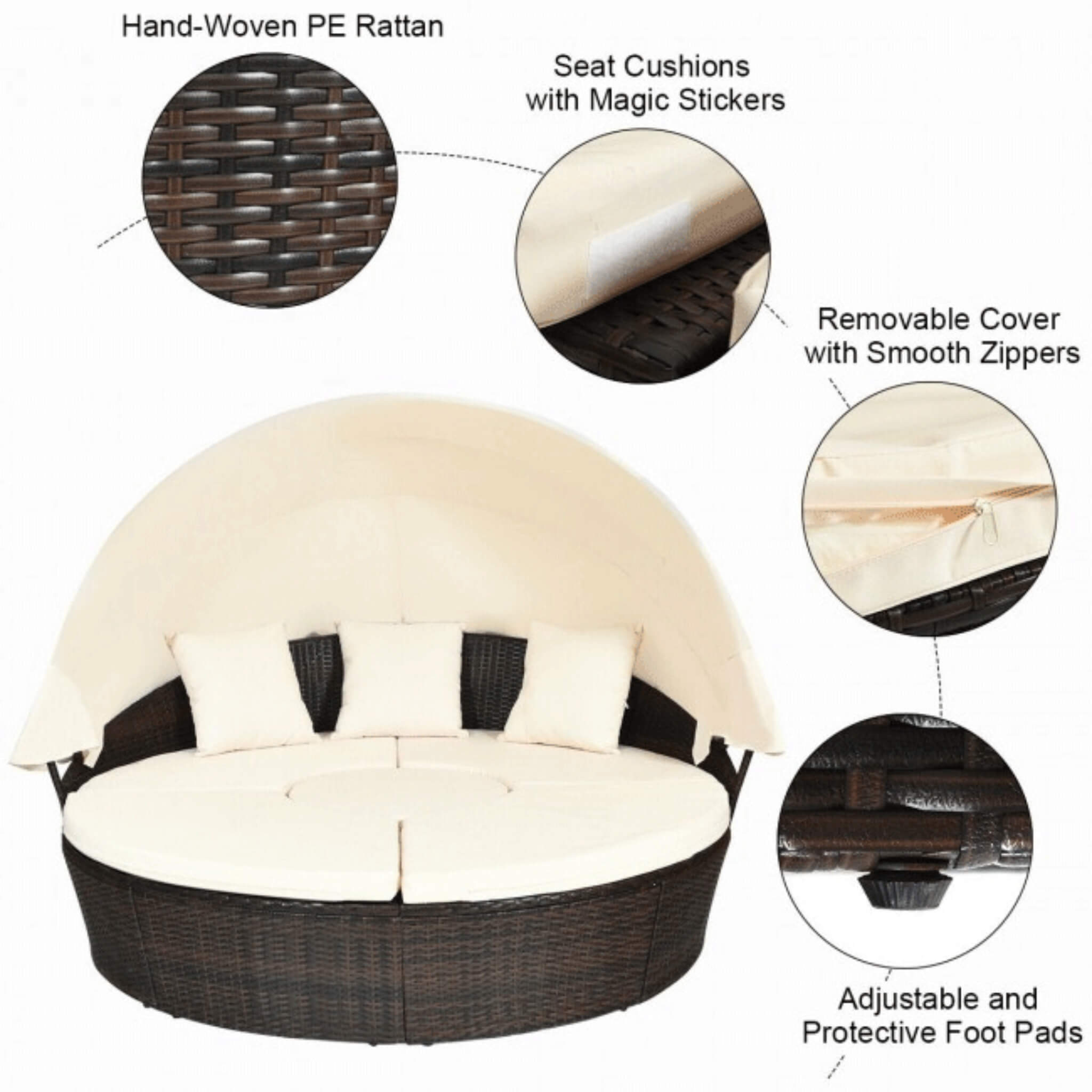 Alora Premium 76-Inch Round Outdoor Patio Rattan Daybed W/ Canopy & Table