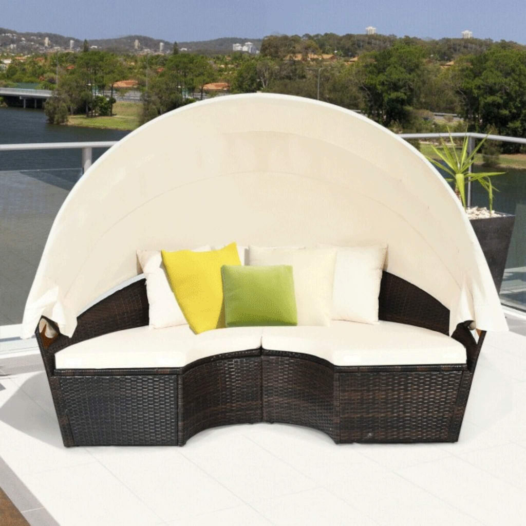 Alora Premium 76-Inch Round Outdoor Patio Rattan Daybed W/ Canopy & Table