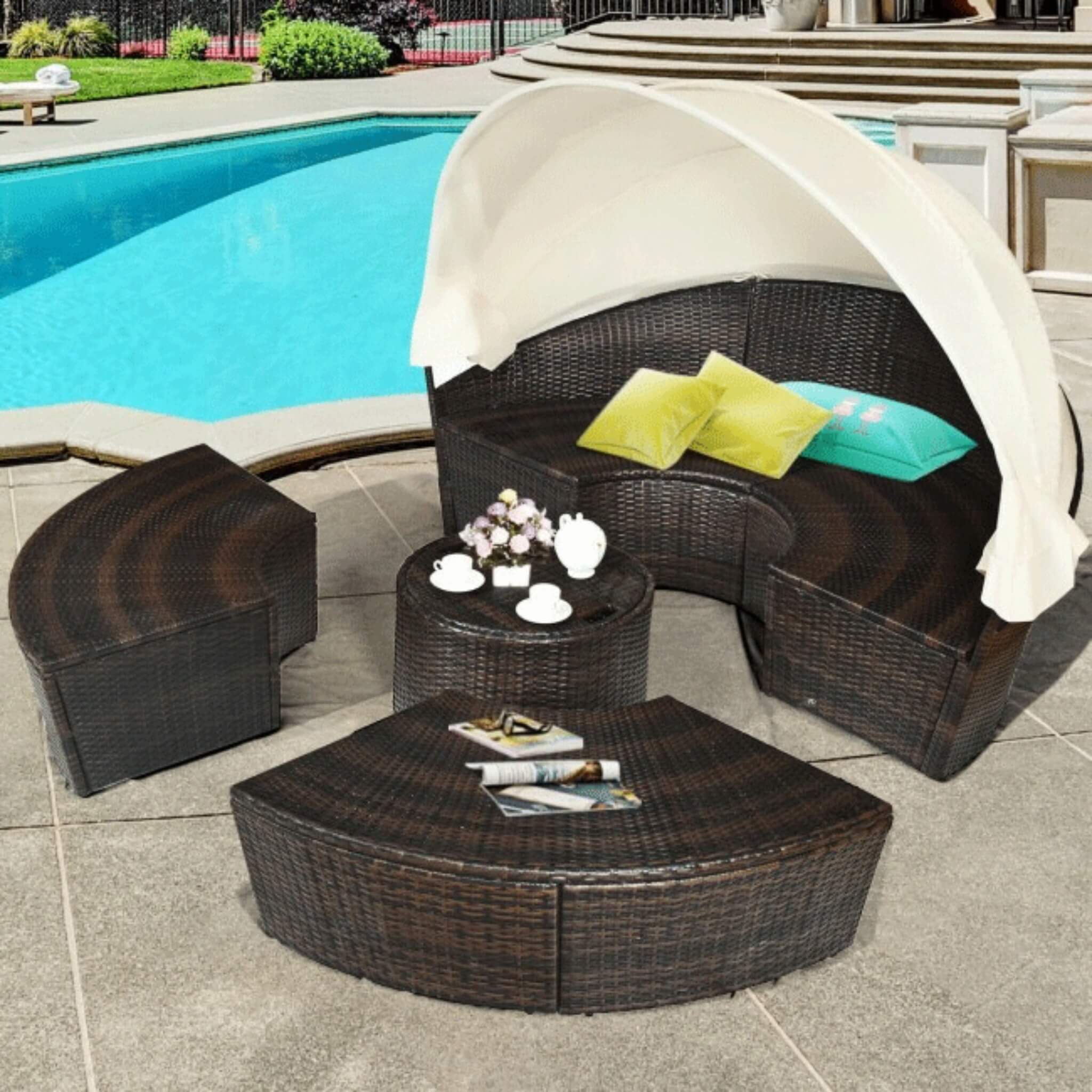 Alora Premium 76-Inch Round Outdoor Patio Rattan Daybed W/ Canopy & Table