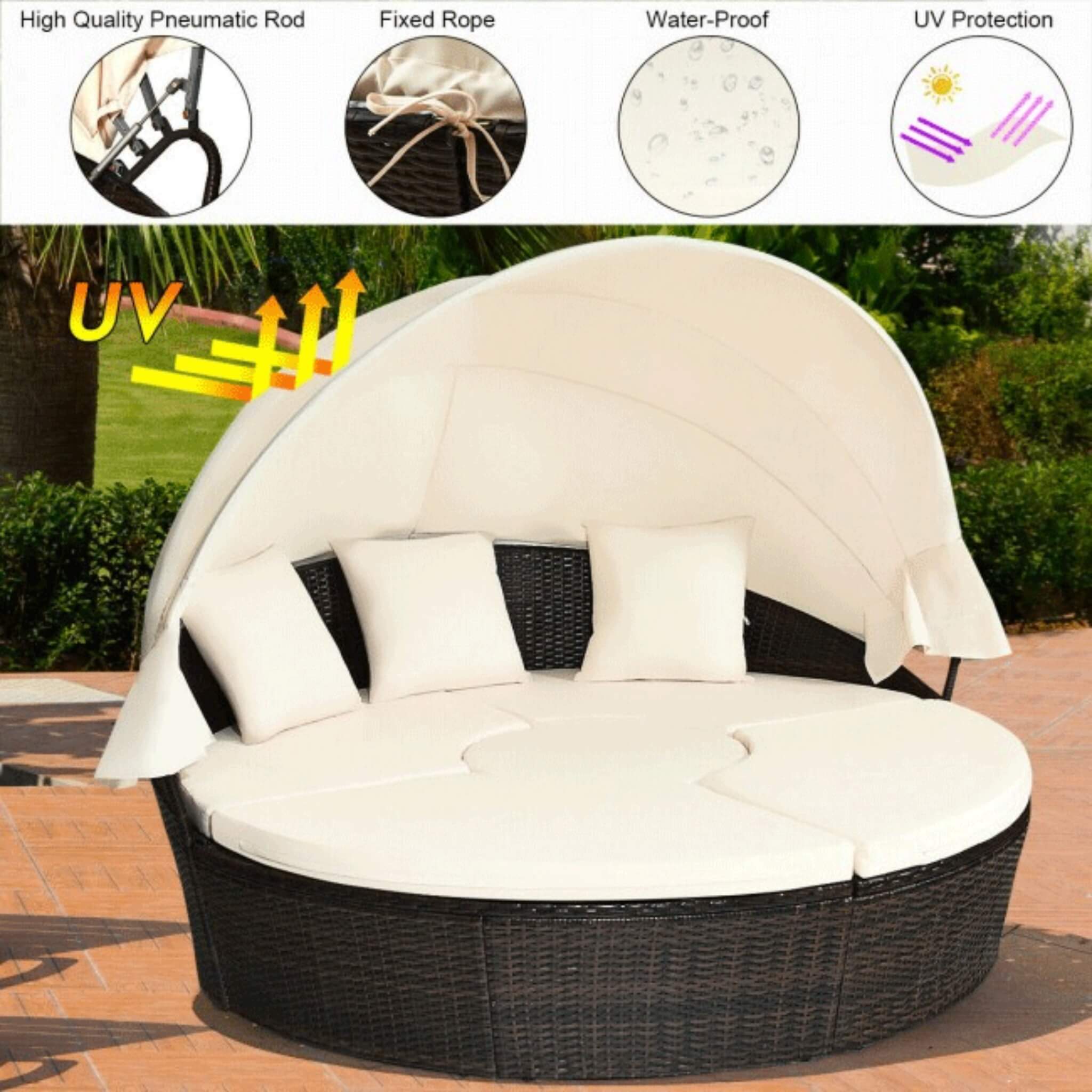 Alora Premium 76-Inch Round Outdoor Patio Rattan Daybed W/ Canopy & Table