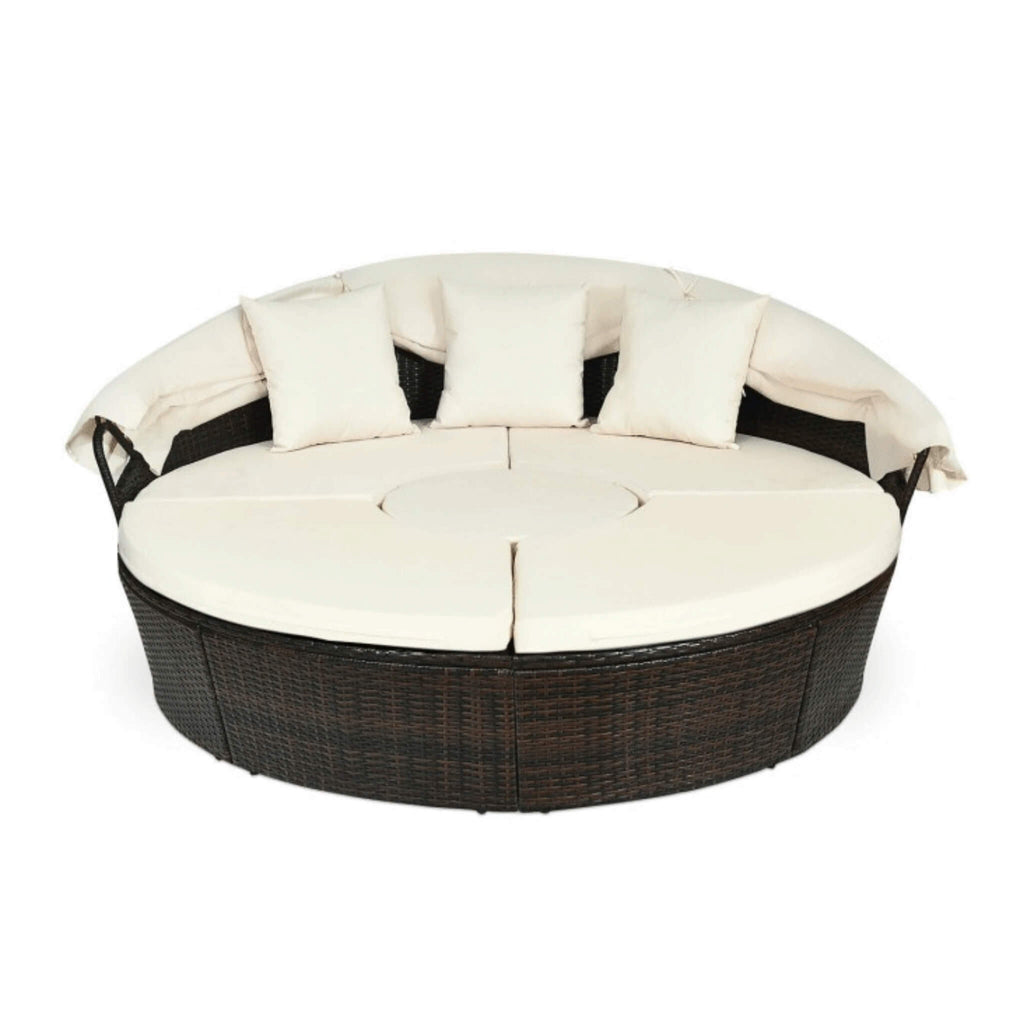 Alora Premium 76-Inch Round Outdoor Patio Rattan Daybed W/ Canopy & Table