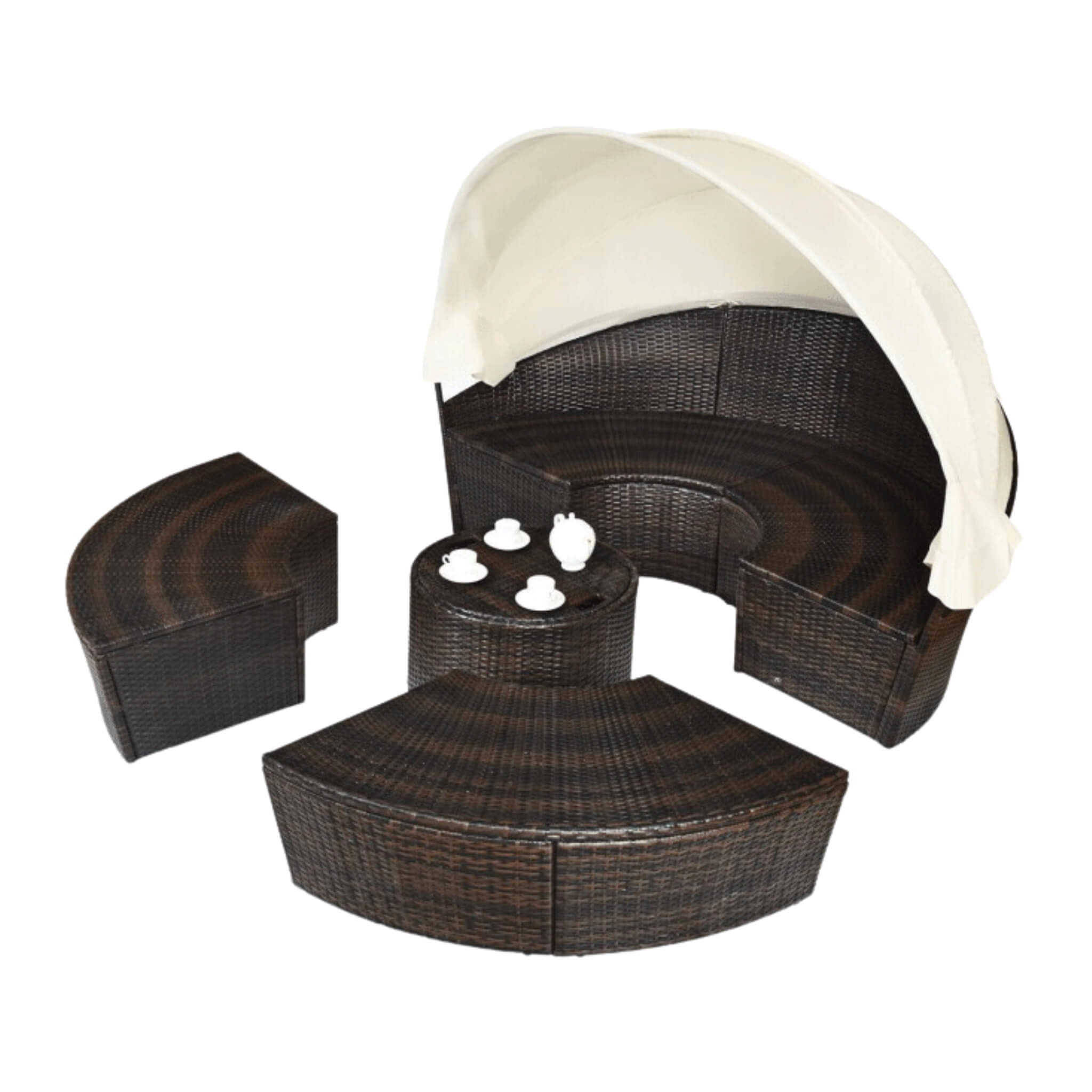 Alora Premium 76-Inch Round Outdoor Patio Rattan Daybed W/ Canopy & Table