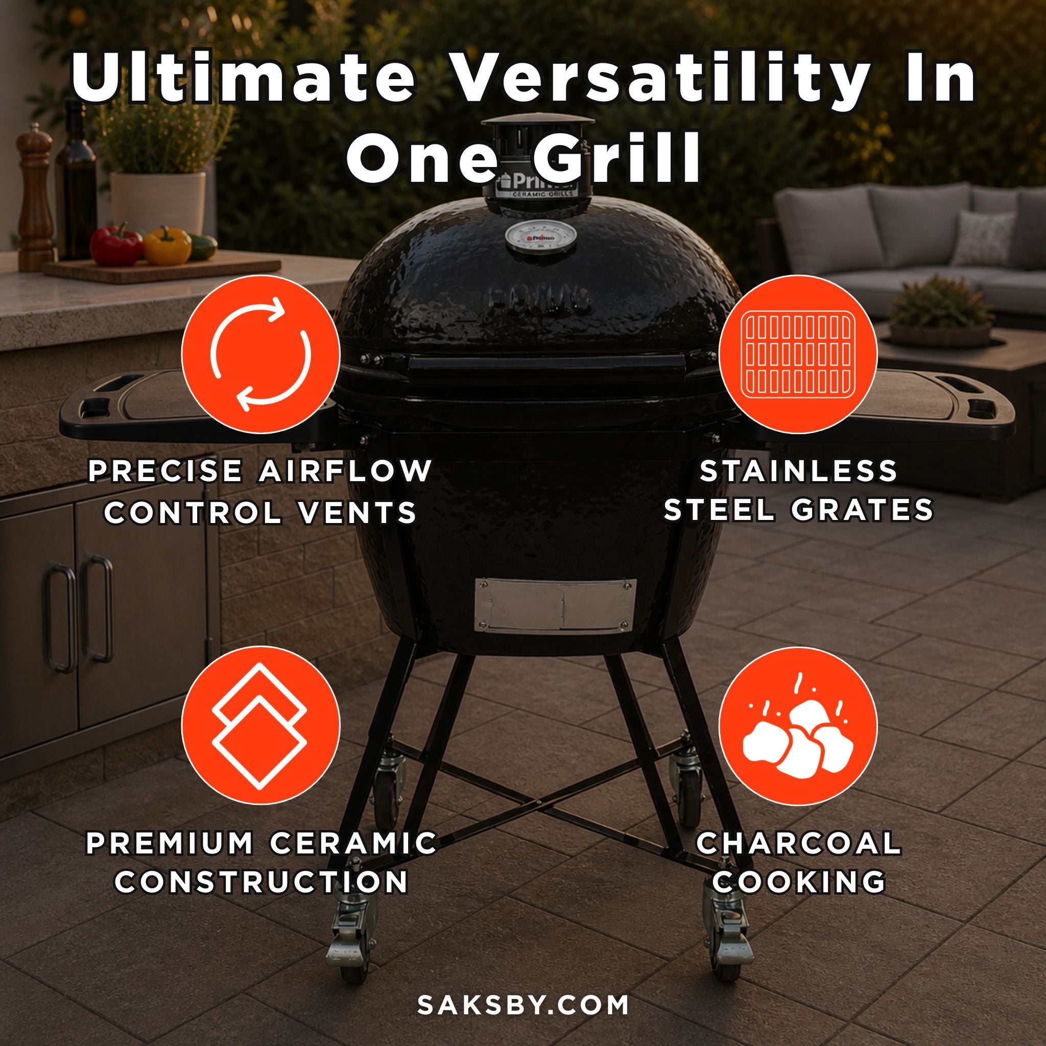 Primo Oval Large 300 All-In-One Ceramic Kamado Grill W/ Cradle, Side Shelves & Stainless- Steel Grates