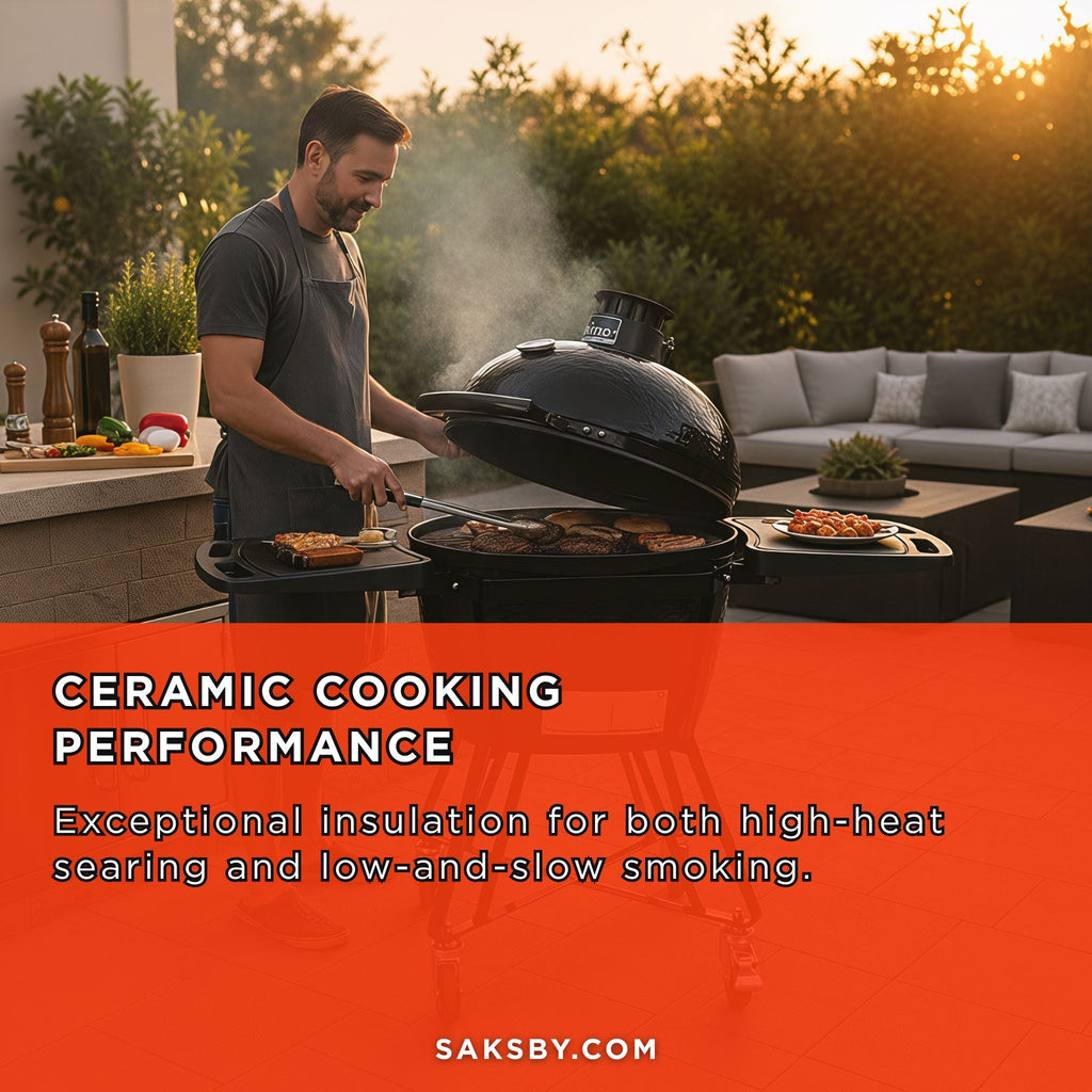 Primo Oval Large 300 All-In-One Ceramic Kamado Grill W/ Cradle, Side Shelves & Stainless- Steel Grates