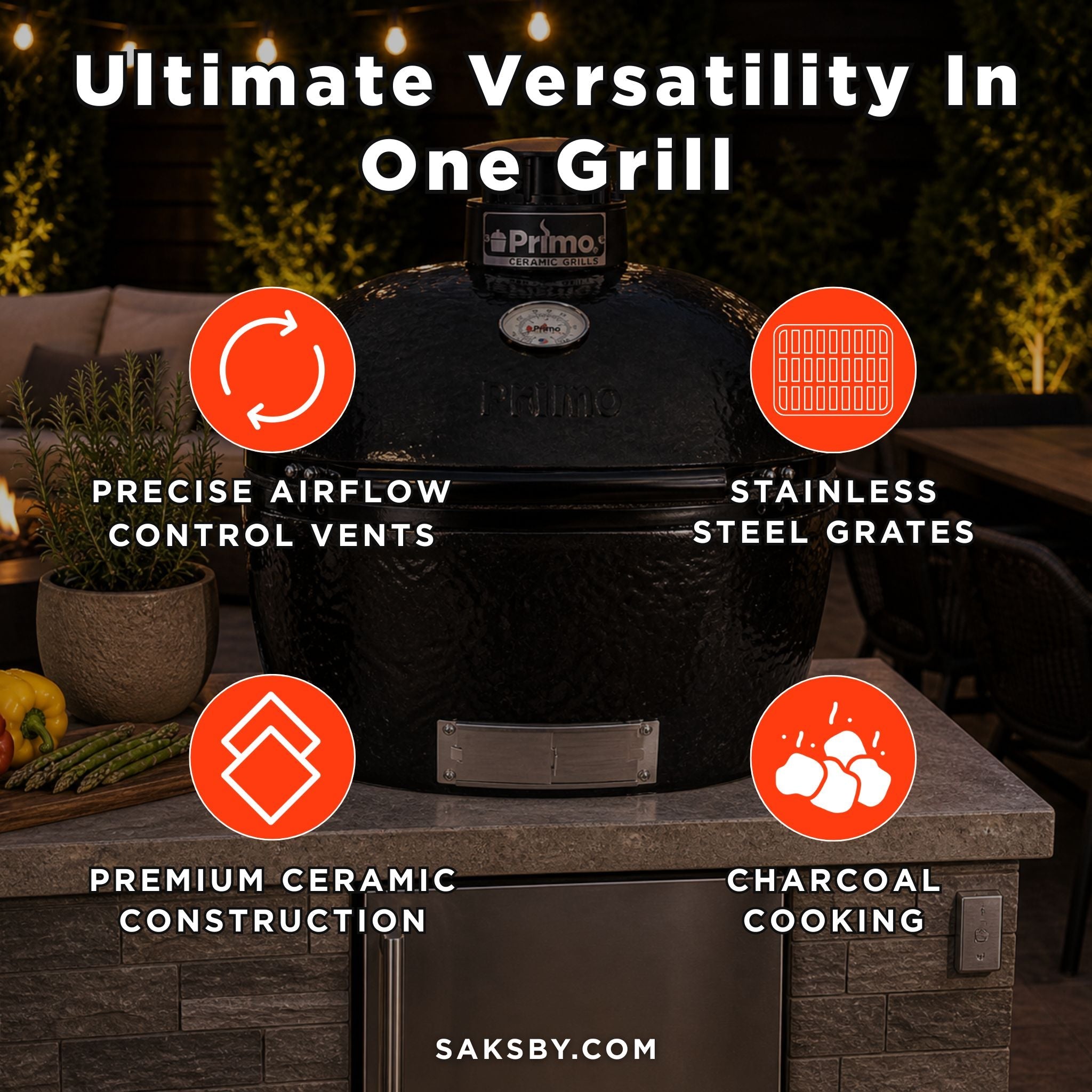 Primo Oval Large 300 Ceramic Kamado BBQ Grill W/ Stainless Steel Grates