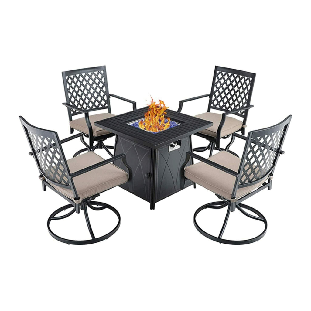 Sophia & William Outdoor Gas Fire Pit Table Set W/ Cushioned Swivel Dining Chairs, 5PCS