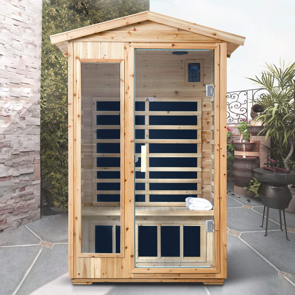 Thermora Vexa 2-Person Outdoor Infrared Sauna | 6 Carbon Panels, Bluetooth & LED Lighting | Old Fir