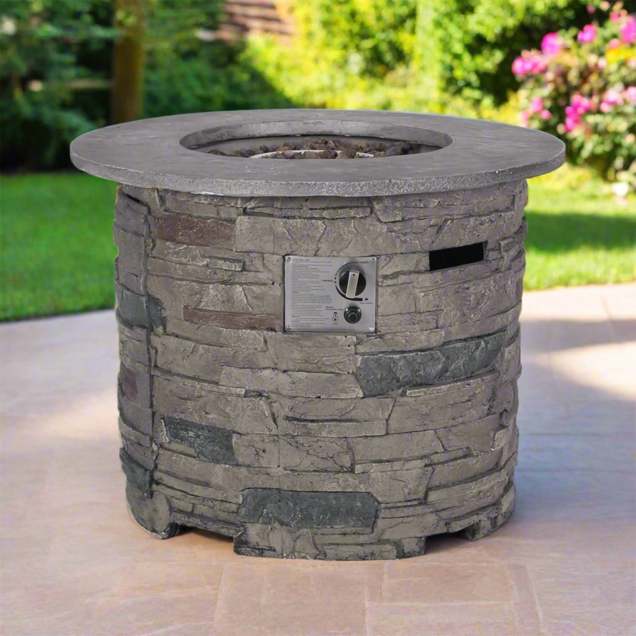 Alora 32-Inch Transitional Outdoor Concrete Round Propane Fire Pit Table, Gray