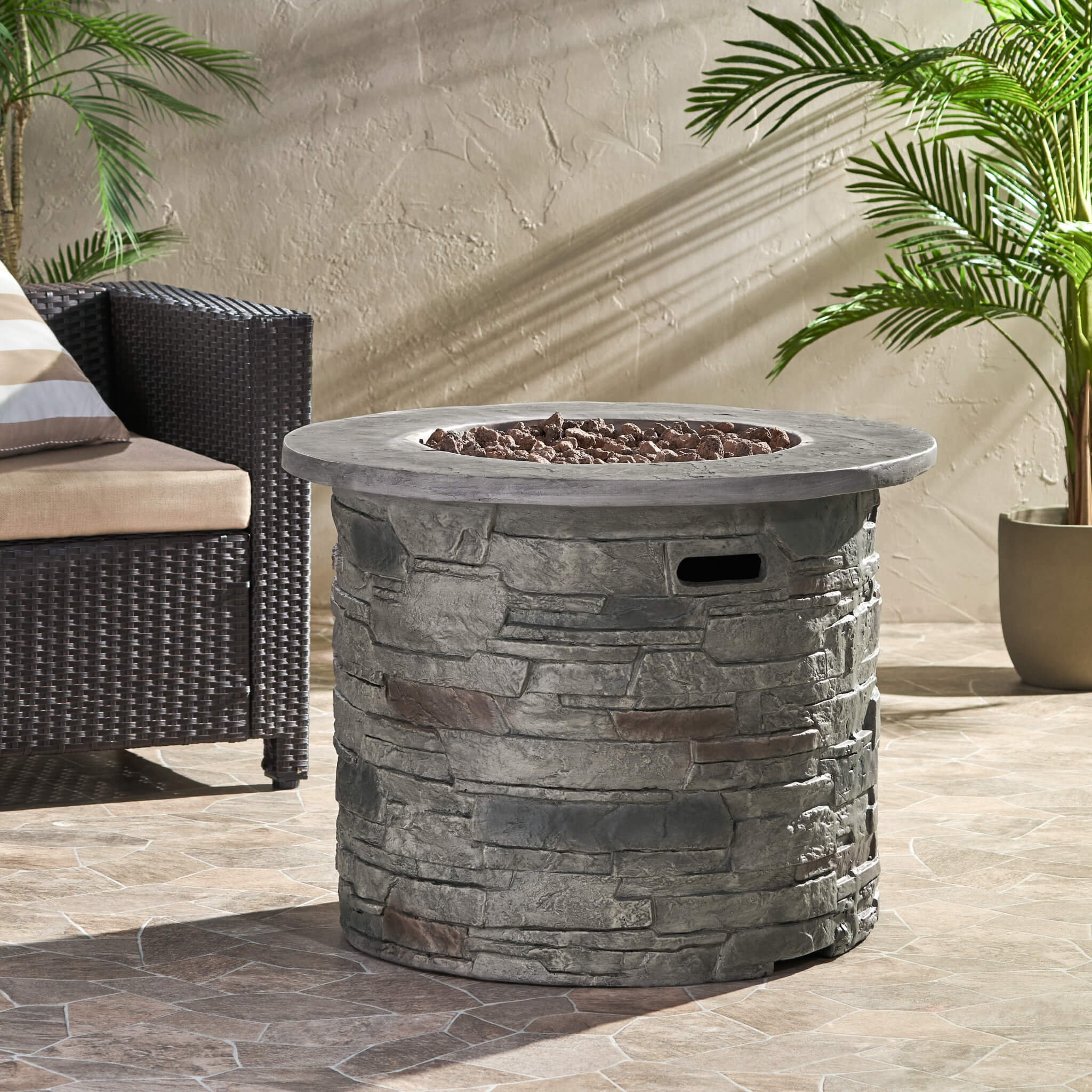 Alora 32-Inch Transitional Outdoor Concrete Round Propane Fire Pit Table, Gray