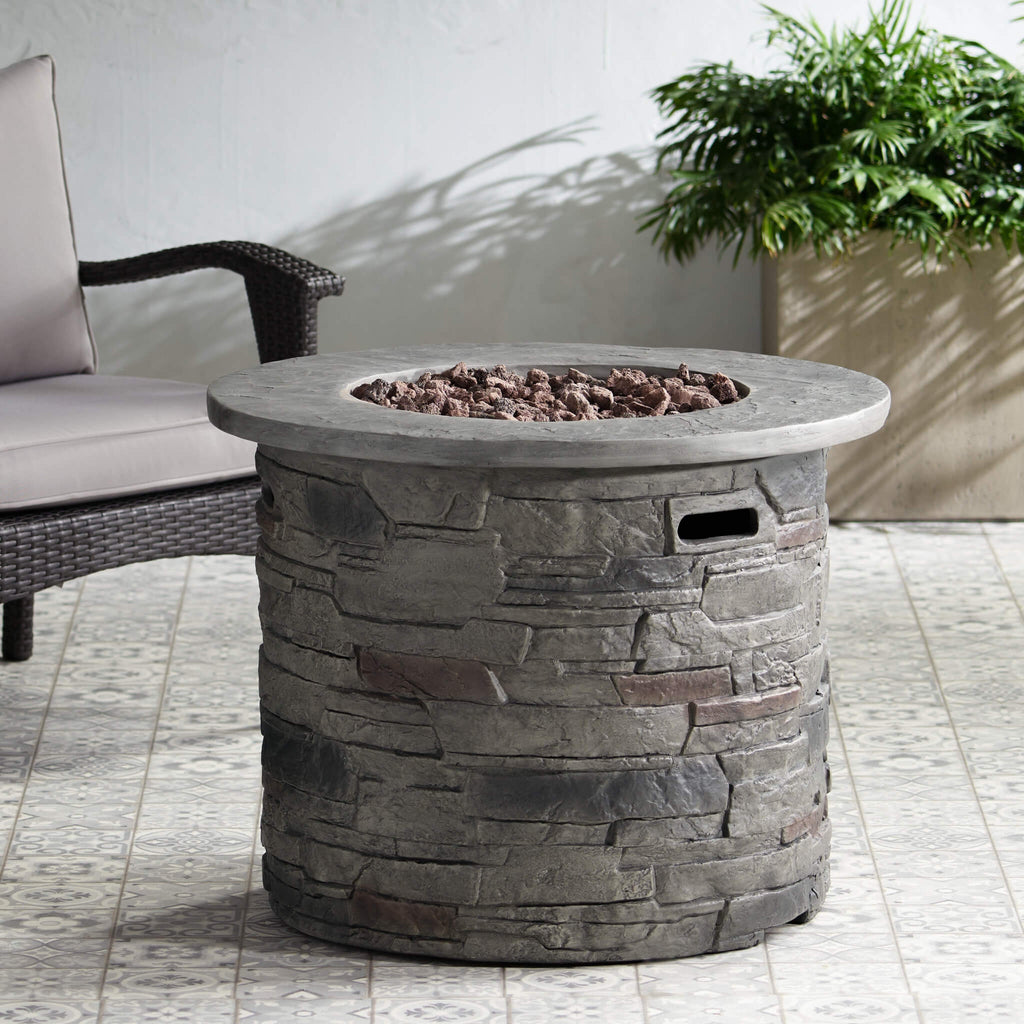 Alora 32-Inch Transitional Outdoor Concrete Round Propane Fire Pit Table, Gray